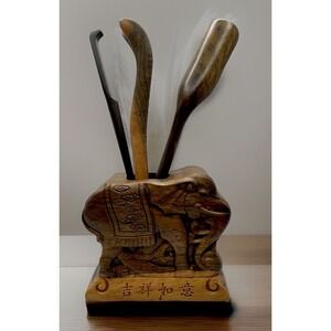 4pc Chinese Cha Dao Ceremony Set with Wood Utensils & Elephant Holder